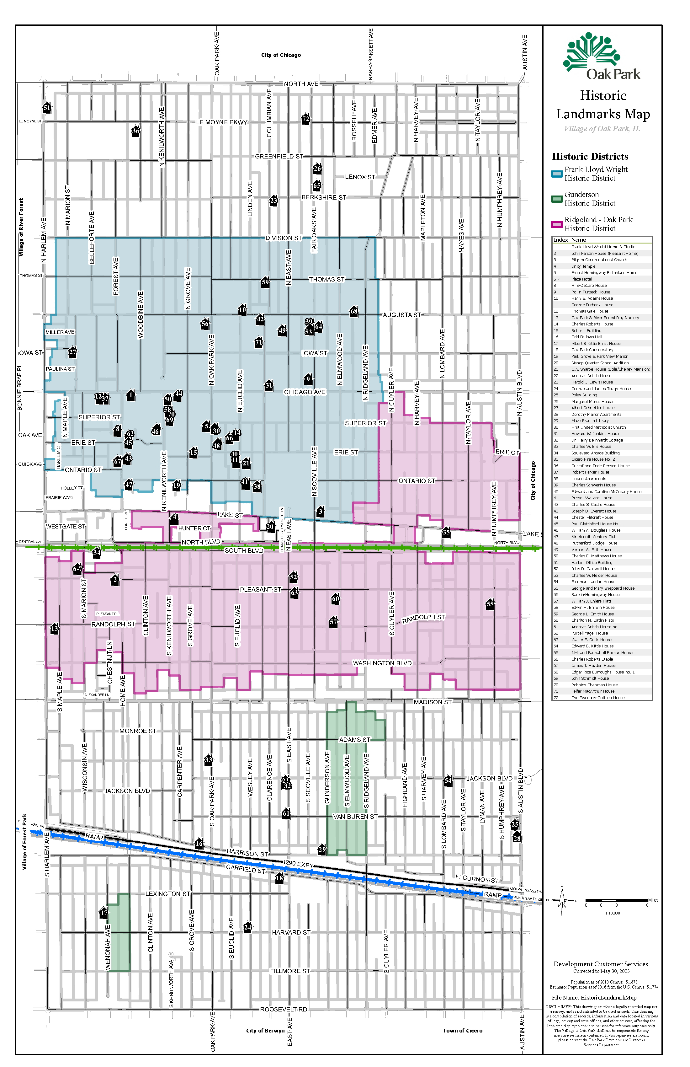 Map showing boundaries of Oak Park's three historic districts